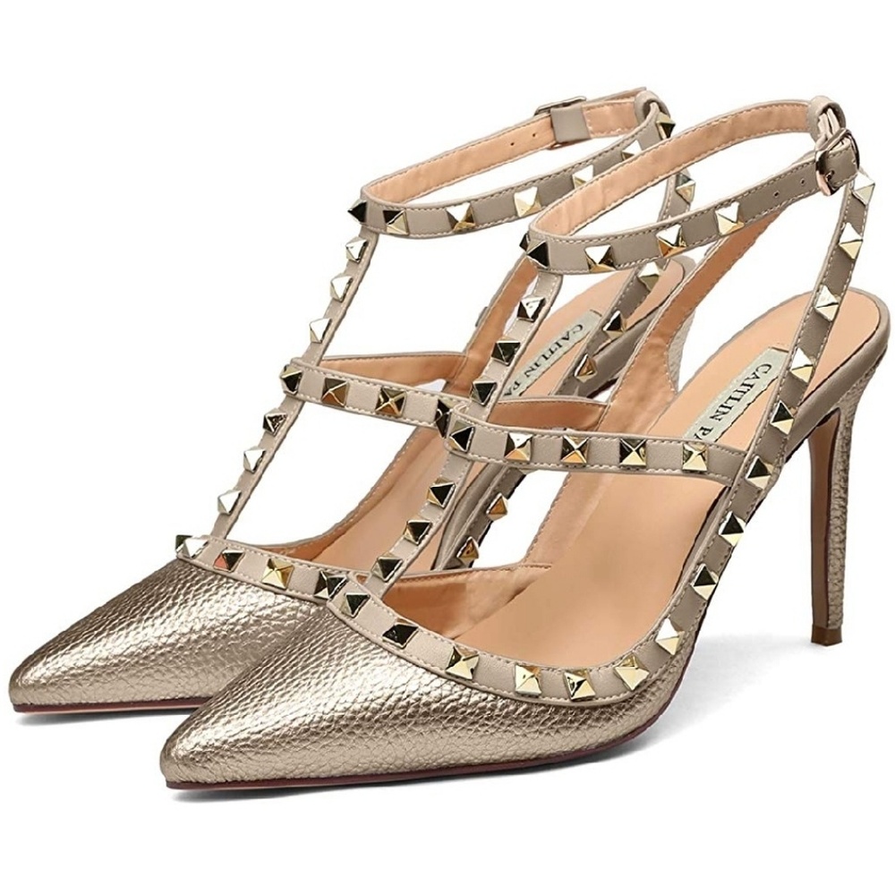 Women's gold studded pointed toe stiletto heels